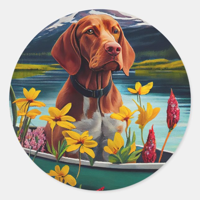 Vizsla on a Paddle: Ein Landschaftliches Abenteuer Runder Aufkleber (Vorderseite)