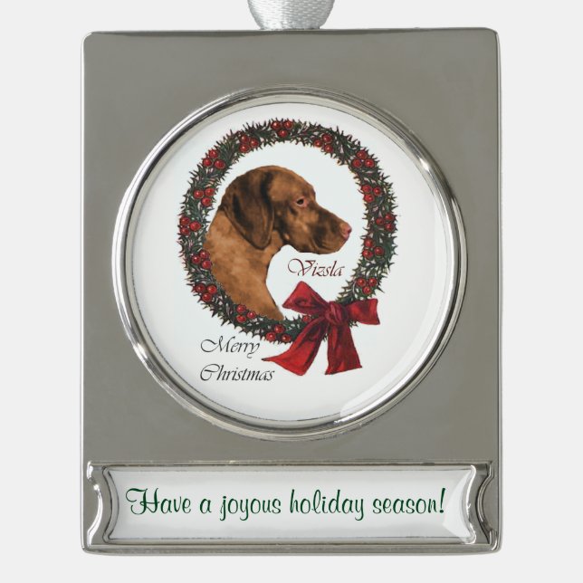 Vizsla Personalisiert Weihnachten Banner-Ornament Silber (Vorderseite)