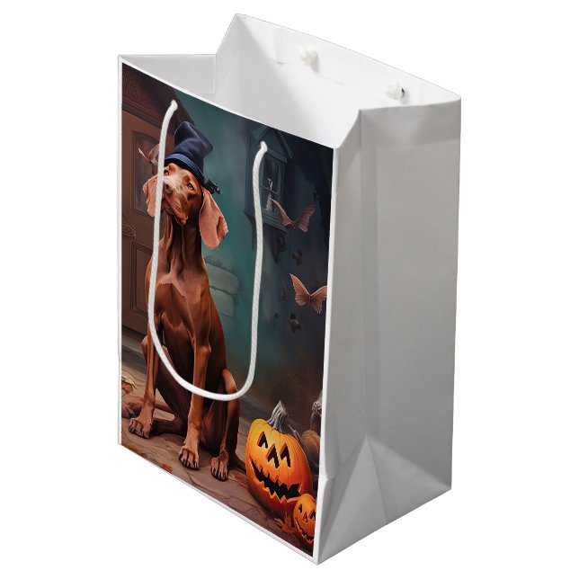 Vizsla Pumpkins Halloween Beängstigend Mittlere Geschenktüte (Vorderseite Schrägansicht)