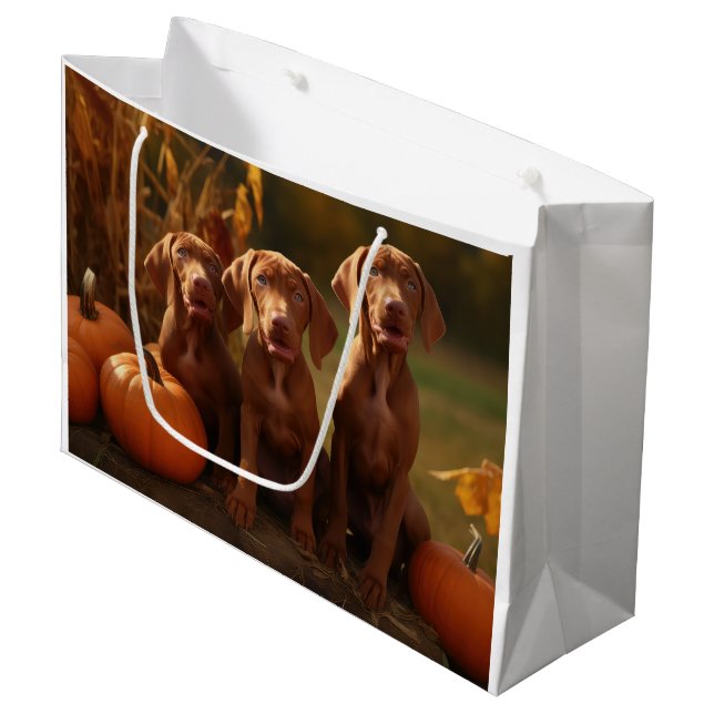 Vizsla Puppy Autumn Delight Pumpkin Große Geschenktüte (Vorderseite Schrägansicht)