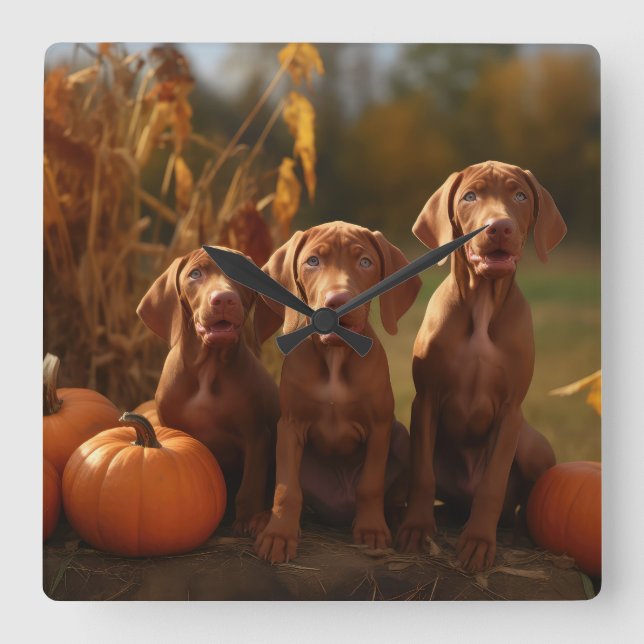 Vizsla Puppy Autumn Delight Pumpkin Quadratische Wanduhr (Vorderseite)