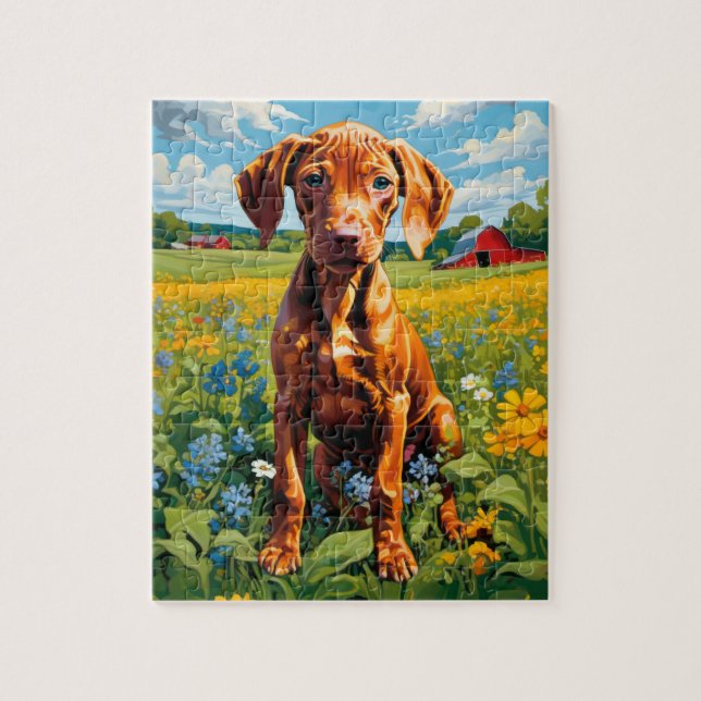 Vizsla Puppy im Bereich der Wildblume von Größen Puzzle (Vertikal)