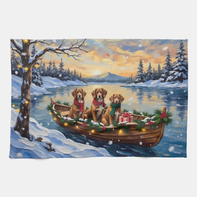 Vizsla Weihnachtsboot Urlaub Geschirrtuch (Horizontal)