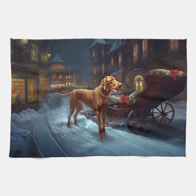 Vizsla Weihnachtsfeiertag Geschirrtuch (Horizontal)
