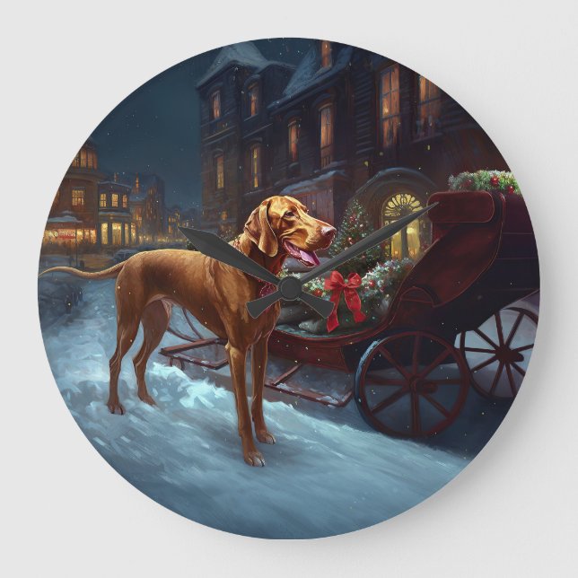 Vizsla Weihnachtsfeiertag Große Wanduhr (Vorderseite)
