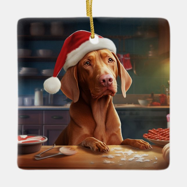 Vizsla Weihnachtskost Feiertag Keramikornament (Vorderseite)