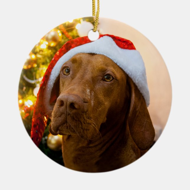 Vizsla Weihnachtsverzierung (Transportwagen) Keramik Ornament (Vorne)