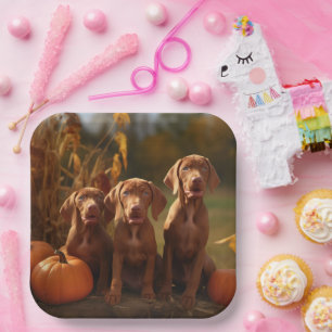 Vizsla-Welpe Herbstfreude Kürbis Pappteller