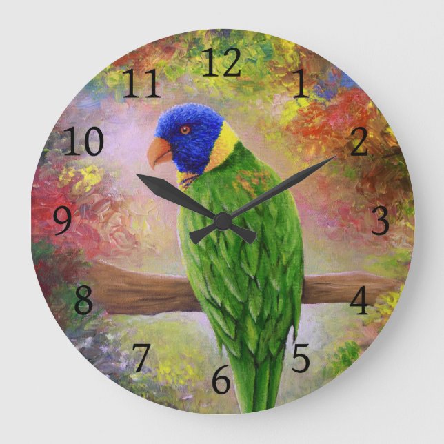 Vogel 76 Multicolorvogel Große Wanduhr (Vorderseite)