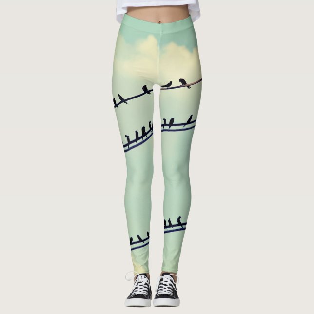 Vögel an Drähten, Vintager blauer Himmel. Leggings (Vorderseite)