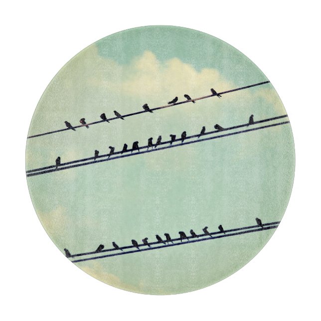 Vögel an Drähten, Vintager blauer Himmel. Schneidebrett (Vorderseite)