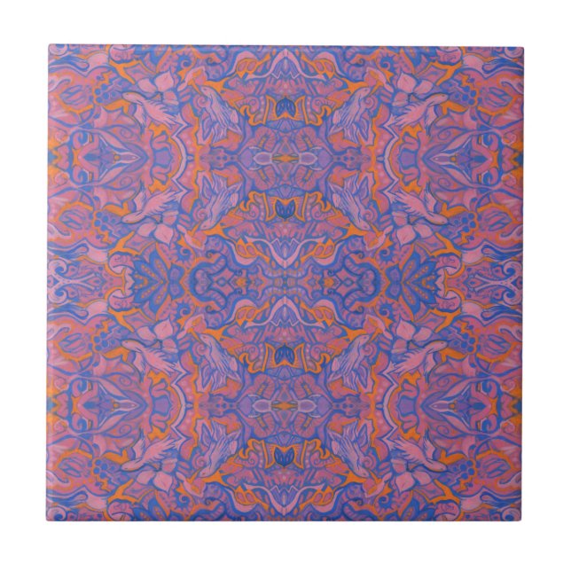 Vögel Arabesque Bohemisch Pink Blue Orange Muster Fliese (Vorderseite)