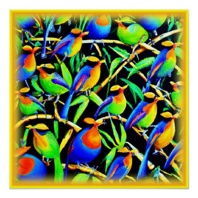 Vögel auf Baummalerei. Jetzt kaufen Poster (Vorderseite)