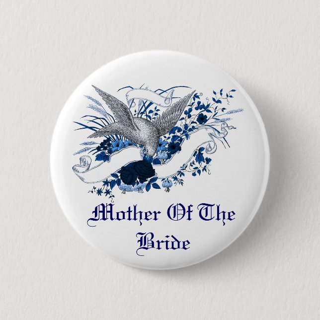 Vogel auf Blumenstrauß (Blau) Button (Vorderseite)