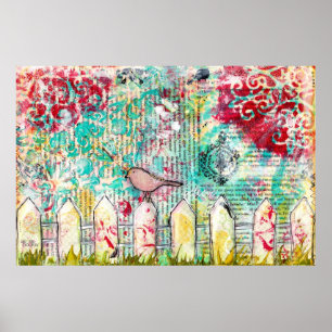 Vogel auf dem White Picket Flag Mixed Media Print Poster