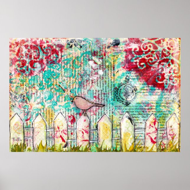 Vogel auf dem White Picket Flag Mixed Media Print Poster (Vorne)