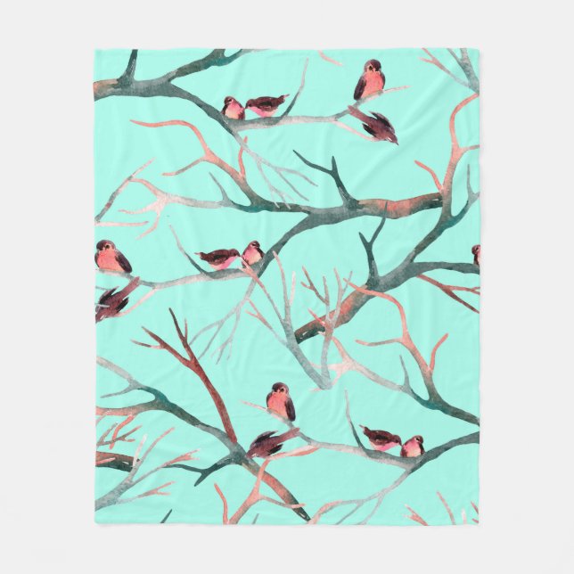 Vögel auf den Baumzweigen Aquarellmalerei Fleecedecke (Vorderseite)