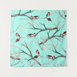 Vögel auf den Baumzweigen Aquarellmalerei Wandteppich