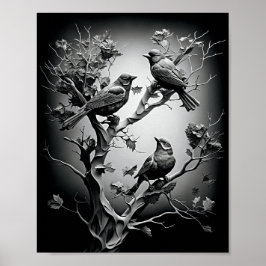 Vögel auf den Baumzweigen Schwarz-Weiß-Vögel Poster