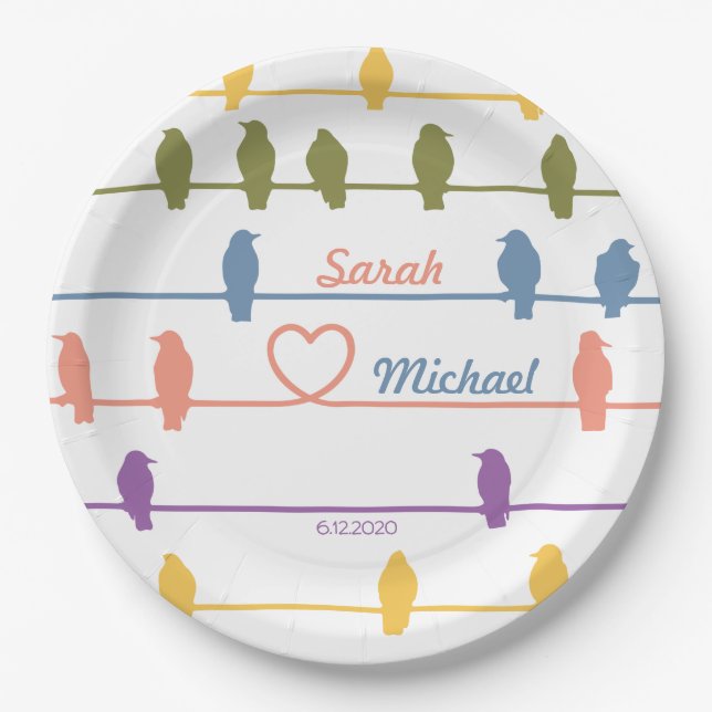 Vögel auf einem Draht mit einer romantischen Drehu Pappteller (Vorderseite)