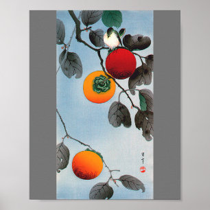 Vogel auf einem Persimmonbaum, Watanabe Seitei Poster