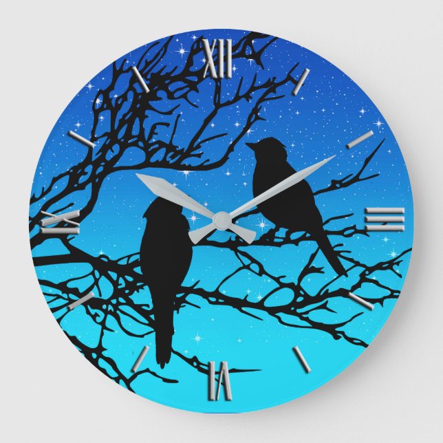 Vögel auf einem Zweig, Schwarz gegen Abend Blau Große Wanduhr (Vorderseite)