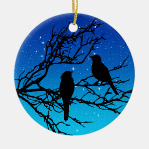 Vögel auf einem Zweig, Schwarz gegen Abend Blau Keramikornament