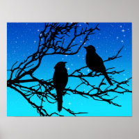Vögel auf einem Zweig, Schwarz gegen Abend Blau