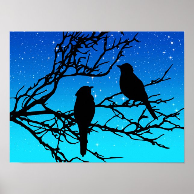 Vögel auf einem Zweig, Schwarz gegen Abend Blau Poster (Vorne)
