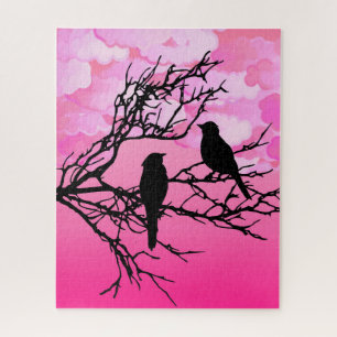 Vögel auf einem Zweig, schwarz gegen Morgenrot Puzzle