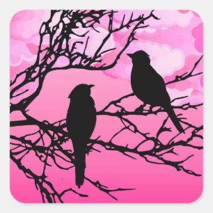 Vögel auf einem Zweig, schwarz gegen Morgenrot Quadratischer Aufkleber