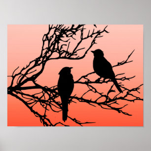 Vögel auf einem Zweig, schwarz gegen Sunset Orange Poster