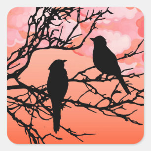 Vögel auf einem Zweig, schwarz gegen Sunset Orange Quadratischer Aufkleber