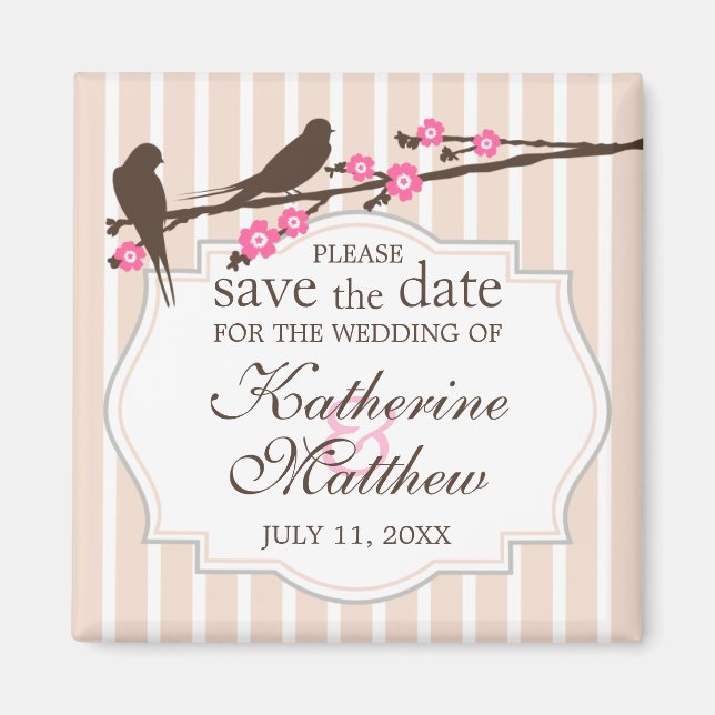 Vögel auf einer blühenden Sakura Save the Date Magnet (Vorne)