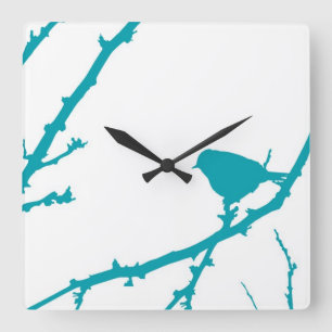 Vogel auf einer Niederlassung Silhouette_Turquoise Quadratische Wanduhr