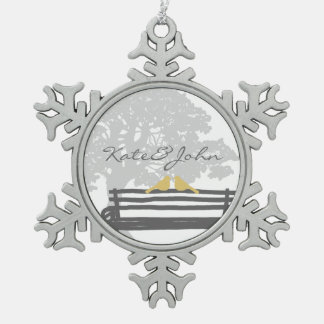 Vögel auf einer Parkbench-Hochzeit Schneeflocken Zinn-Ornament