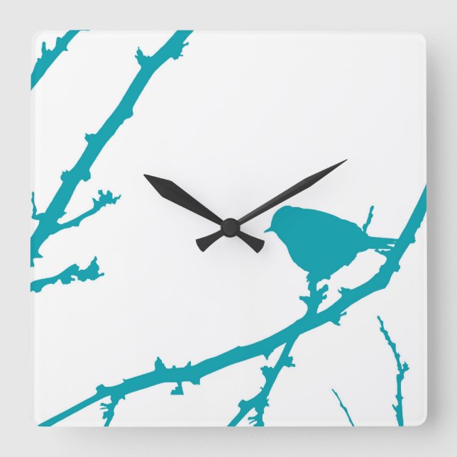 Vogel auf einer Zweig-Silhouette_Türkis Quadratische Wanduhr (Vorderseite)
