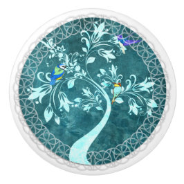 Vögel auf einer zweigen Blauen Keramik Pull Keramikknauf