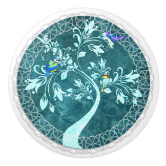 Vögel auf einer zweigen Blauen Keramik Pull Keramikknauf