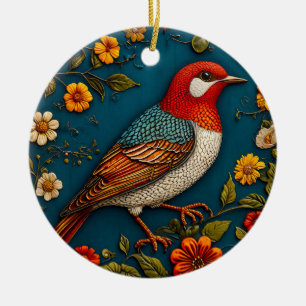 Vogel auf farbenfrohen Blumen sitzend Keramik Ornament