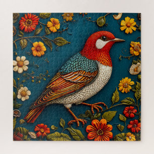 Vogel auf farbenfrohen Blumen sitzend Puzzle