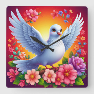 Vogel auf farbenfrohen Blumen sitzend Quadratische Wanduhr