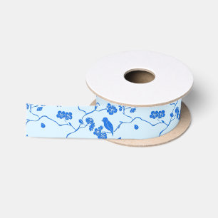 Vögel auf Kirschblüten Blau auf Blau Satinband