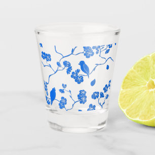 Vögel auf Kirschblüten Blaudruck Schnapsglas