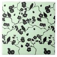 Vögel auf Kirschblüten Schwarz auf Minzgrün