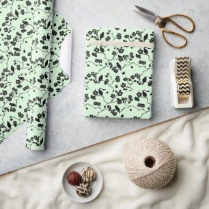 Vögel auf Kirschblüten Schwarz auf Minzgrün Geschenkpapier