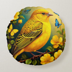 Vogel auf lebendigen Blumen thront, Geschenk inspi Rundes Kissen