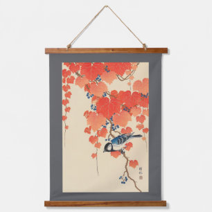 Vogel auf rotem Efeu, Koson, Ukiyo-e Wandteppich Mit Holzrahmen