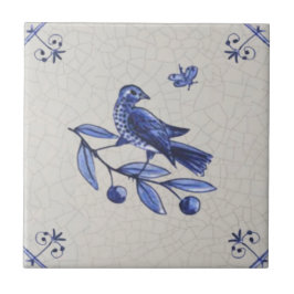 Vogel auf Zweig mit Butterfly Early Blue Delft Rep Fliese