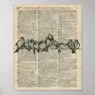 Vögel auf Zweig Vintager Stift über alte Buchseite Poster